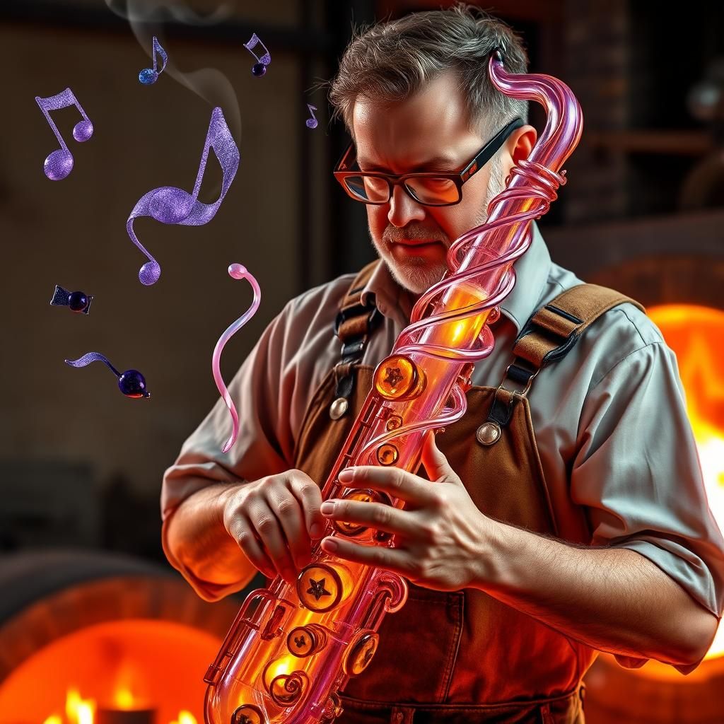A glass blower artisan, wearing heat-resistant goggles and a...