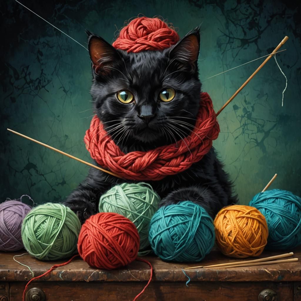 Anthro Cat in Knitting Class, Painterly Style