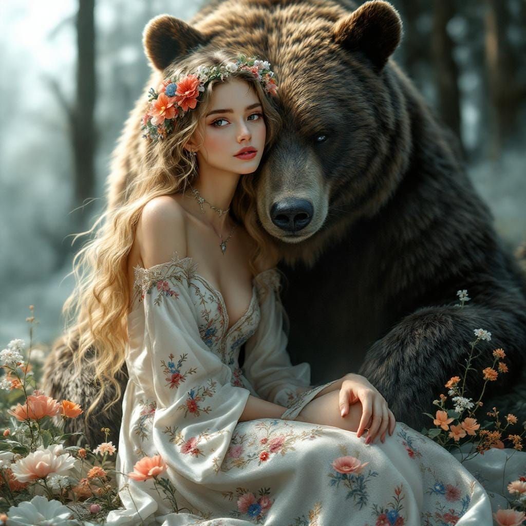 Woman and Bear in Forest: 3D Double Exposure Illustration
