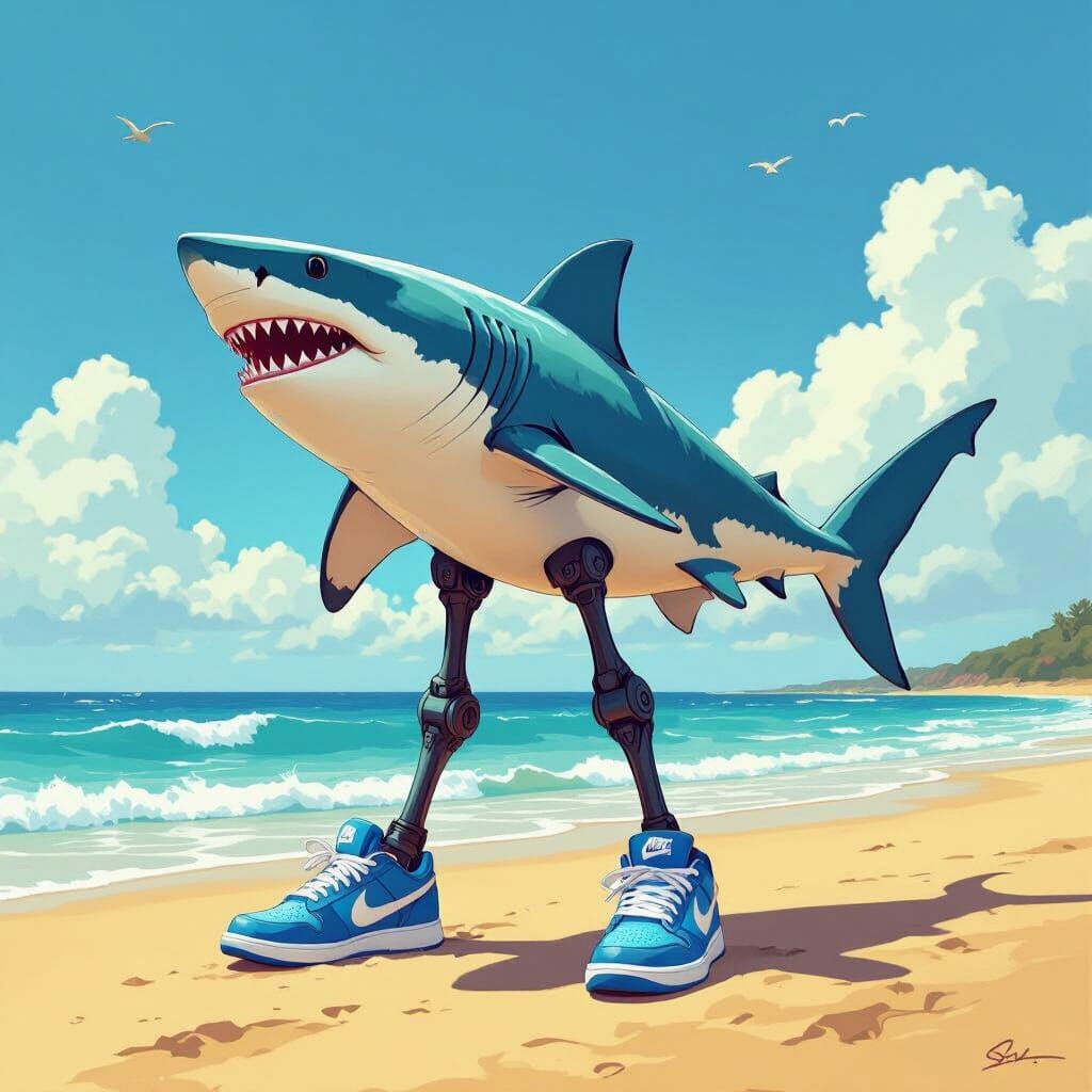 Shark with Sneakers on Sunny Beach Illustration