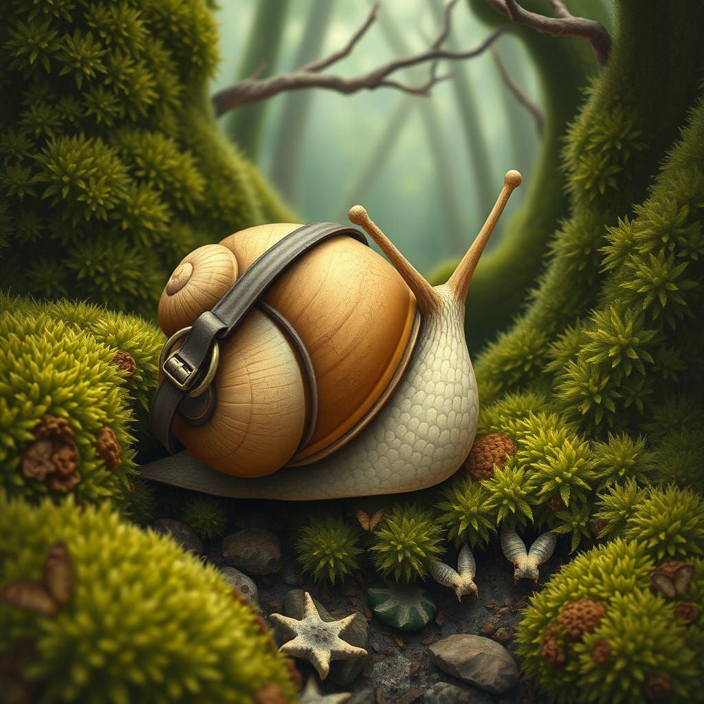 Snail Explorer in Mossy Forest, Art Nouveau Style