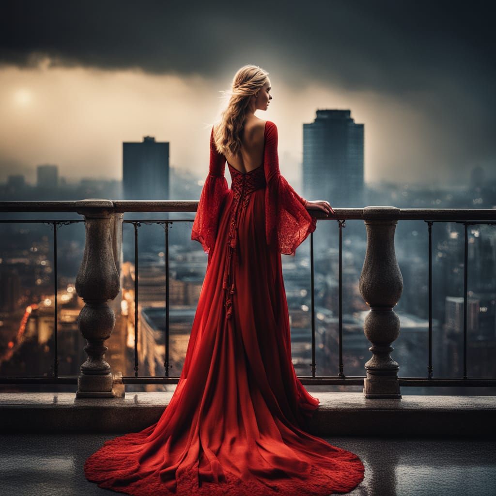 Blonde Woman in Red Gown: Cinematic Night Rooftop