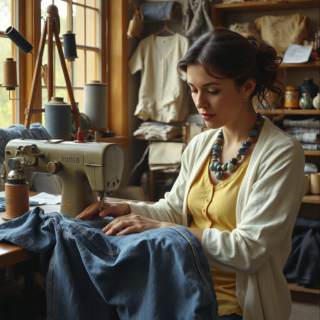 Woman Sewing Blue Jeans in Cozy Tailor Shop
