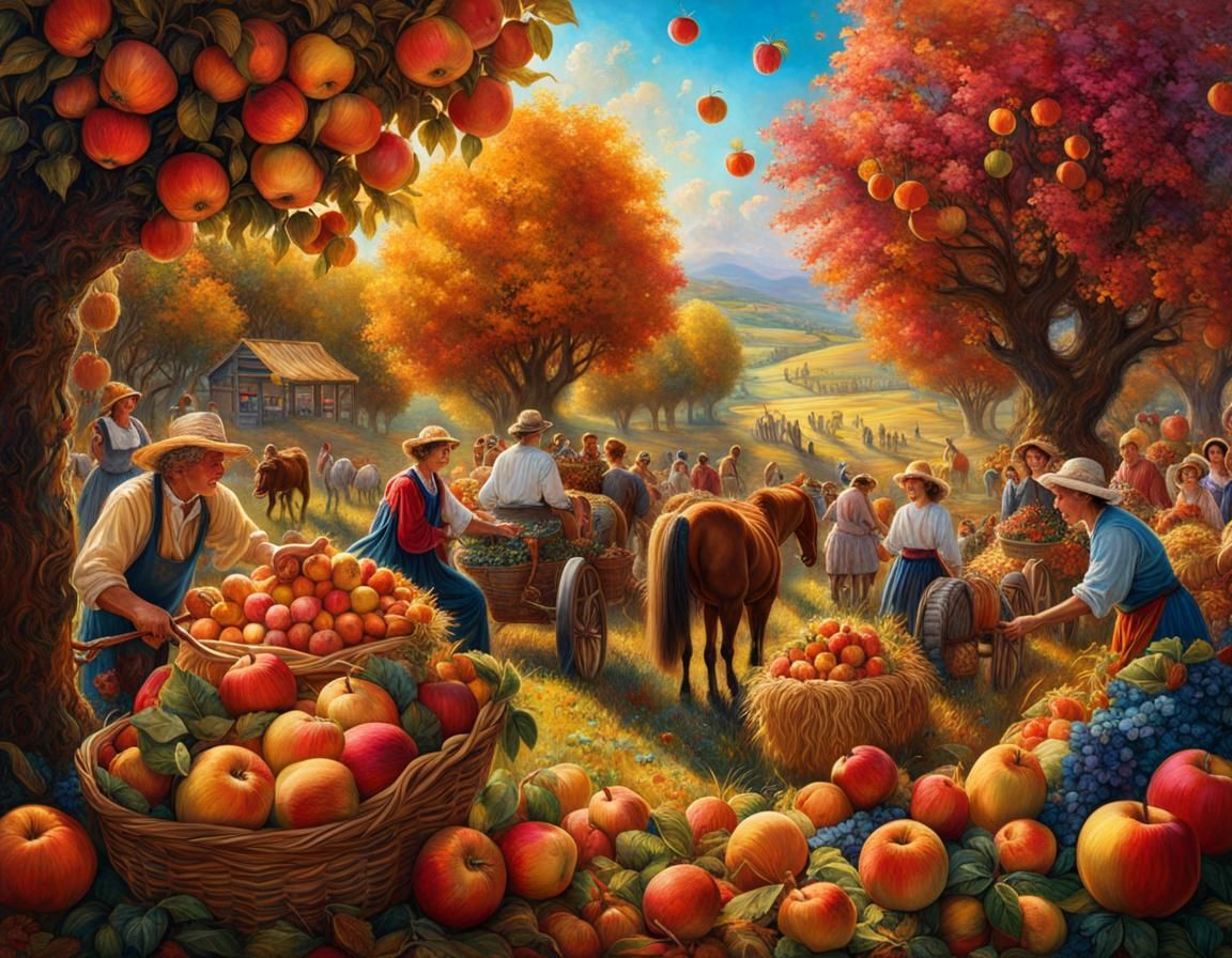 Farmers' Whimsical Harvest Celebration in Hyperrealistic Sty...