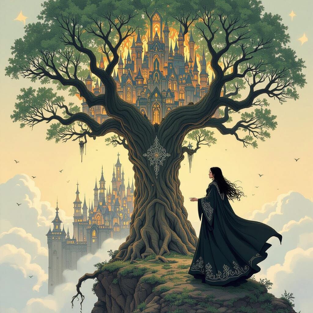 Sorceress on Ancient Tree, Art Nouveau Style