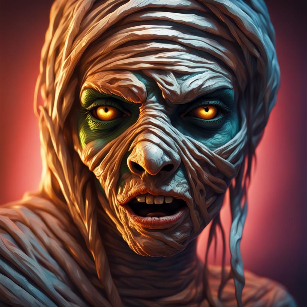 Hyperrealistic Mummy Face in Splash Art Style