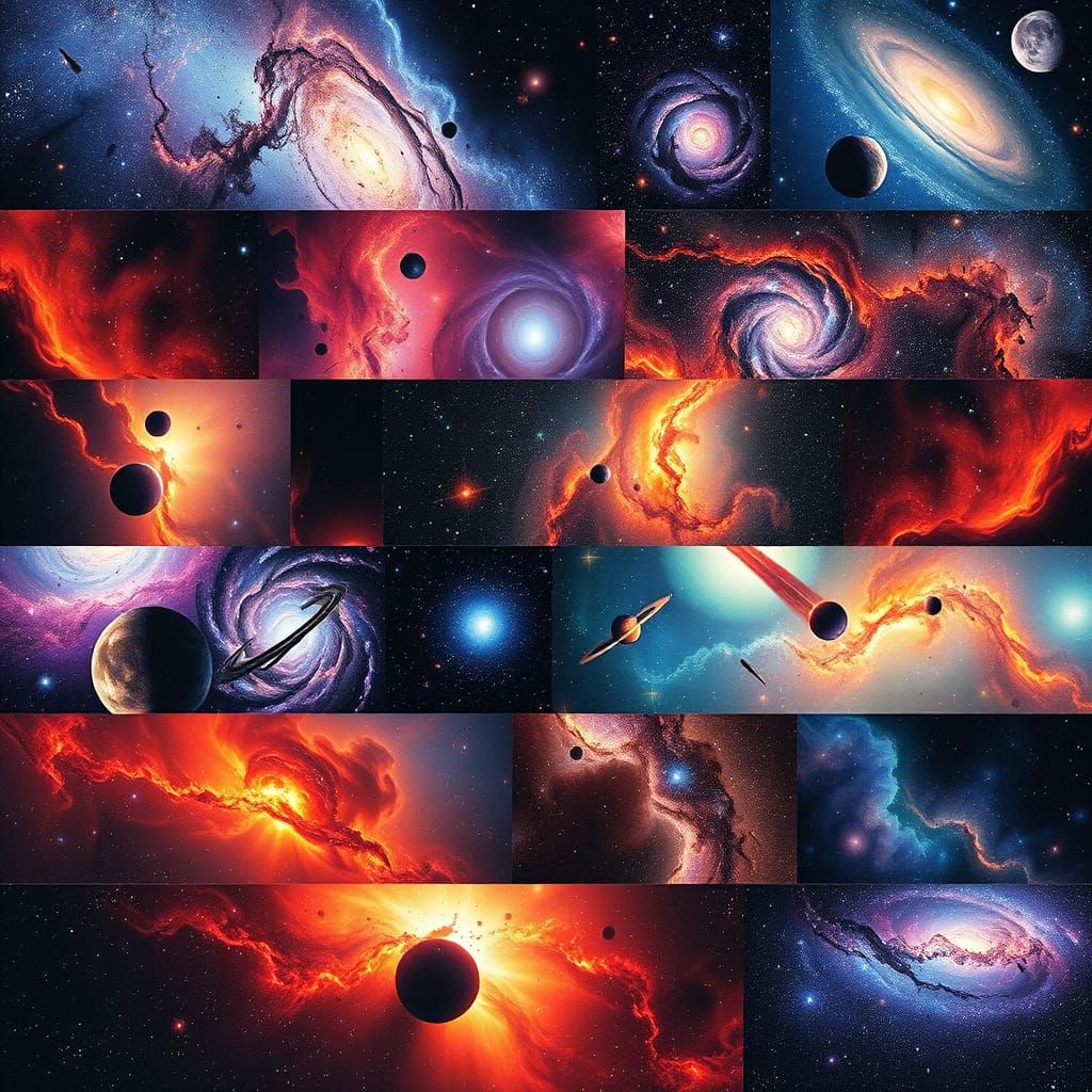 A collage of vibrant and detailed outer space scenes, divided into diagonal bands. Each band showcases a unique nebula a...