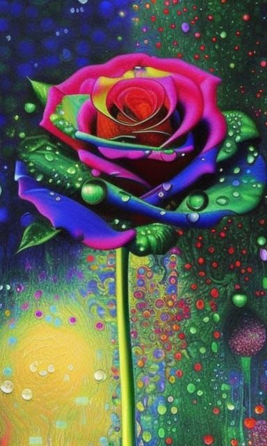 Rainbow Rose Bush in the Rain: Surreal Pointillist Art