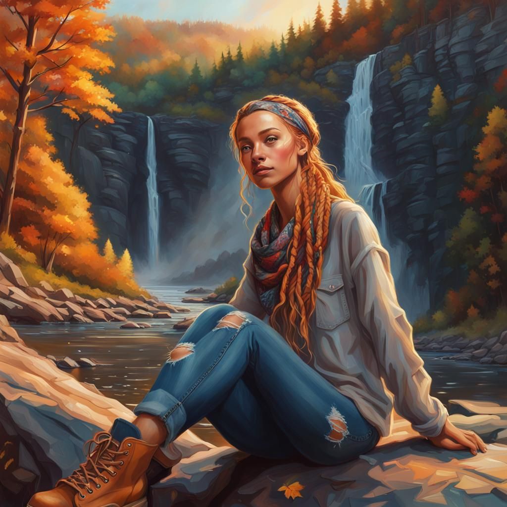 Young Woman with Waterfall in Hyperrealistic Style