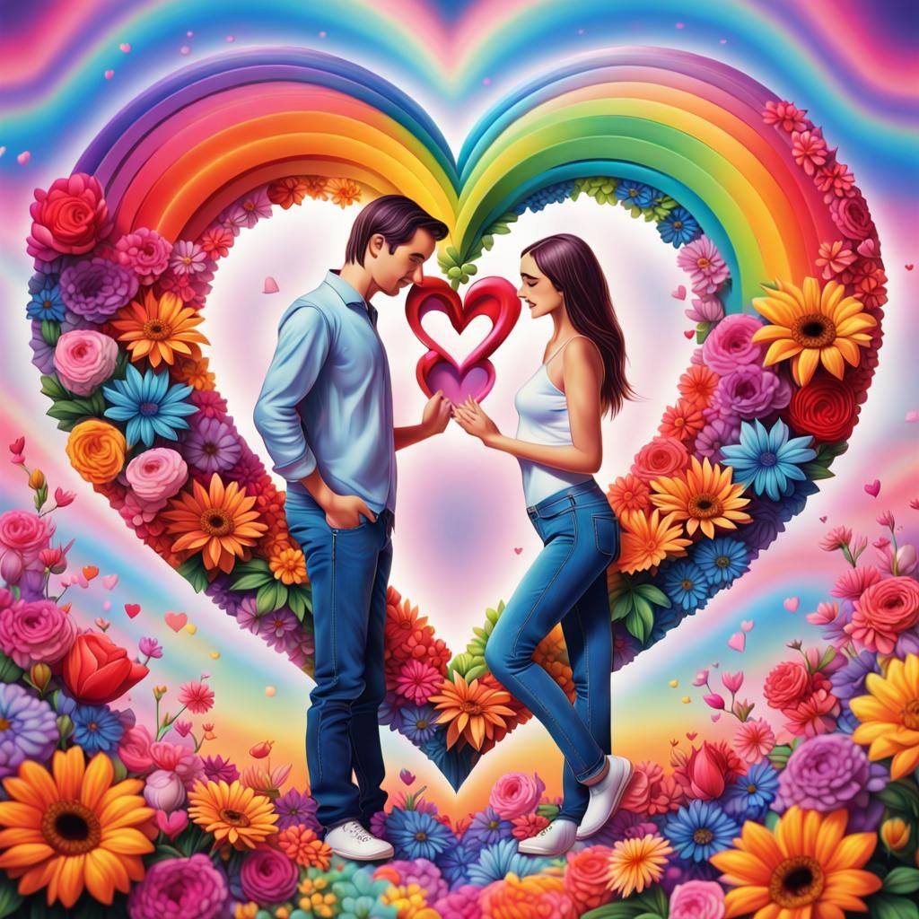 Couple in Heart of Flowers, Lisa Frank Style