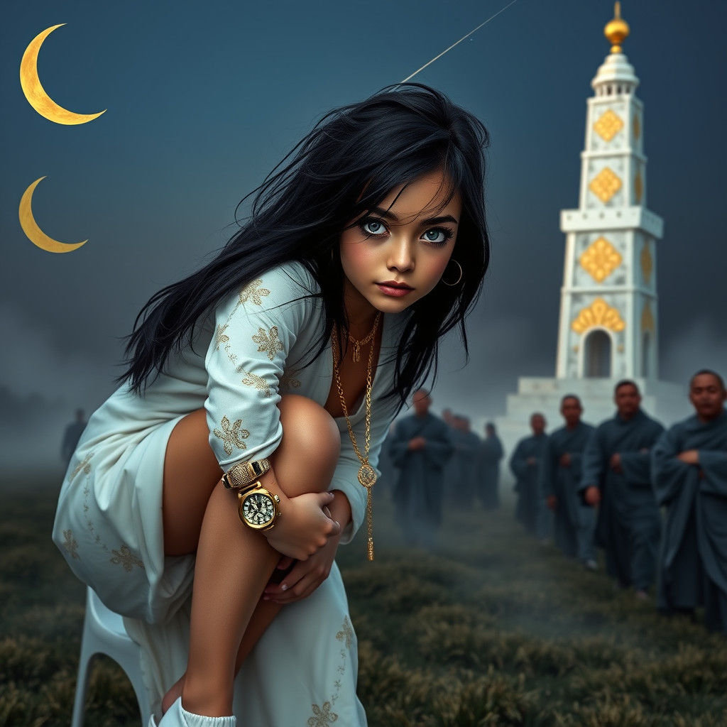 Girl with Gold Jewelry in Foggy Landscape