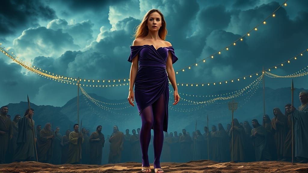 Ethereal Woman in Velvet Mini Dress, Stormy Egyptian Crowd, ...
