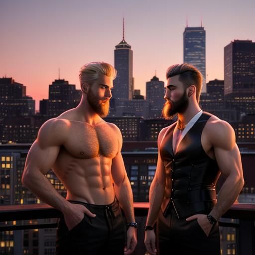 Boston Skyline: Two Men with Glowing Heart