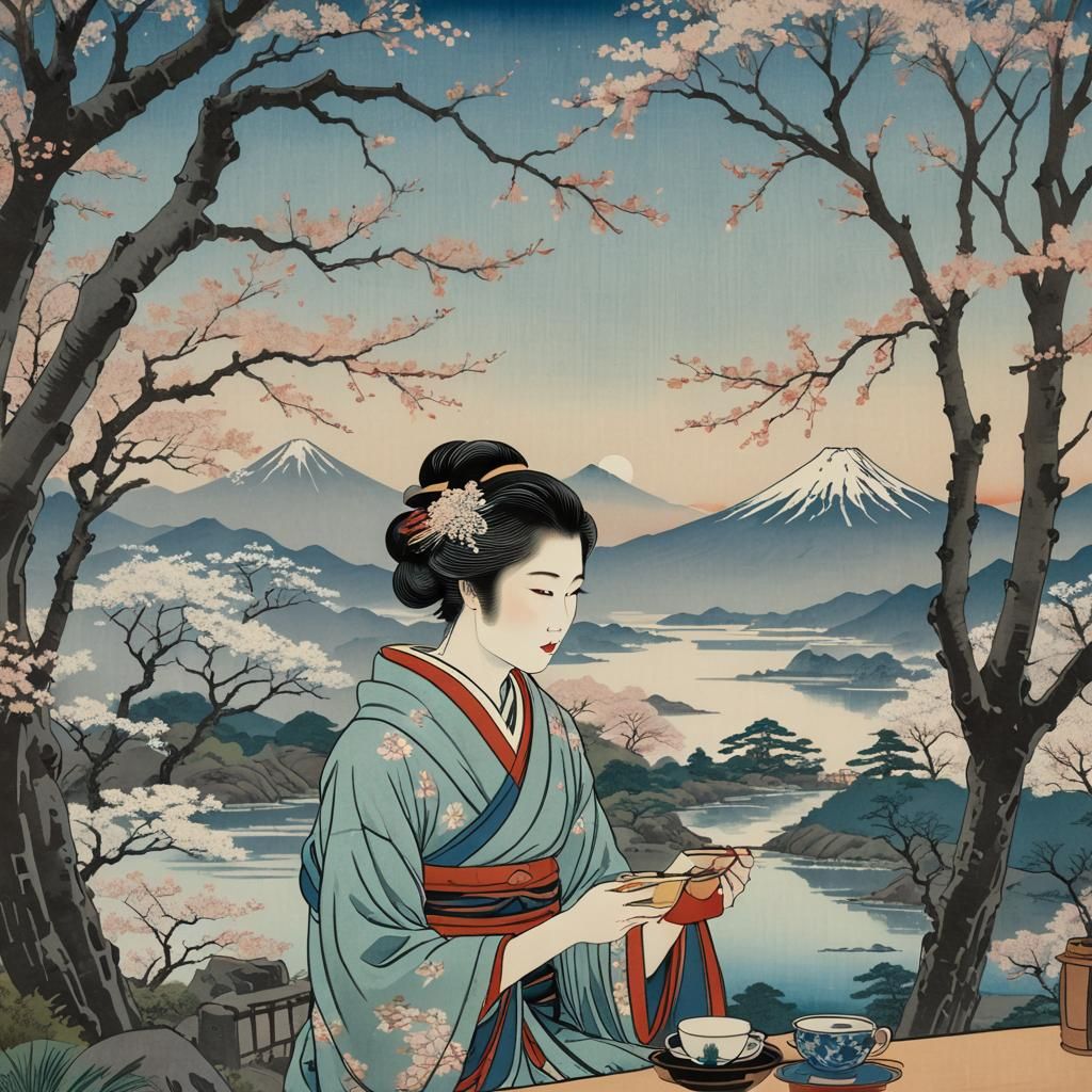 Gentle Geisha Serves Tea by Mount Fuji