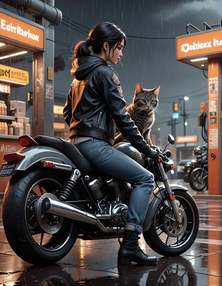 Biker and Cat at Gas Station, Disney-Pixar Style