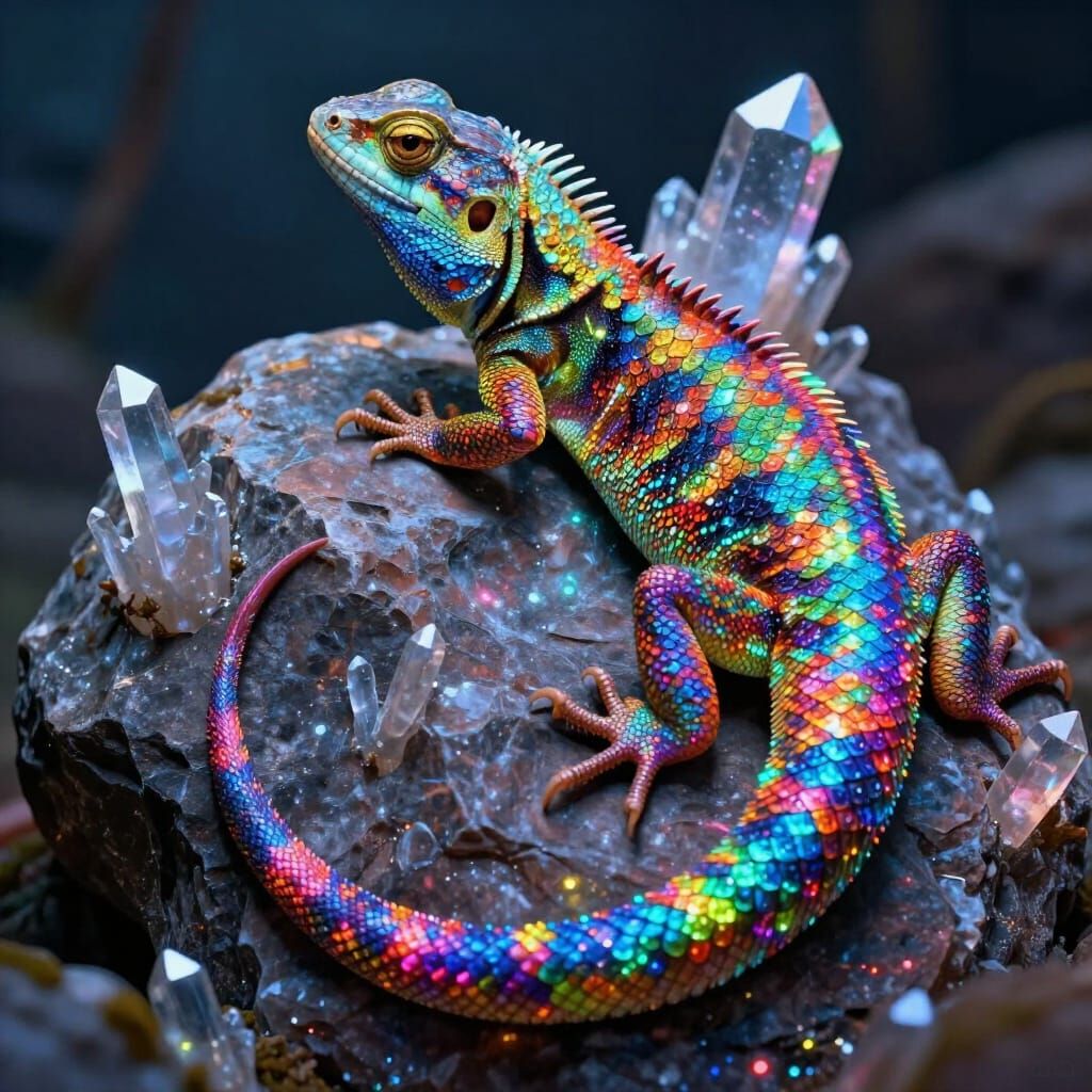 Rainbow Iridescent Lizard on Crystal Rock