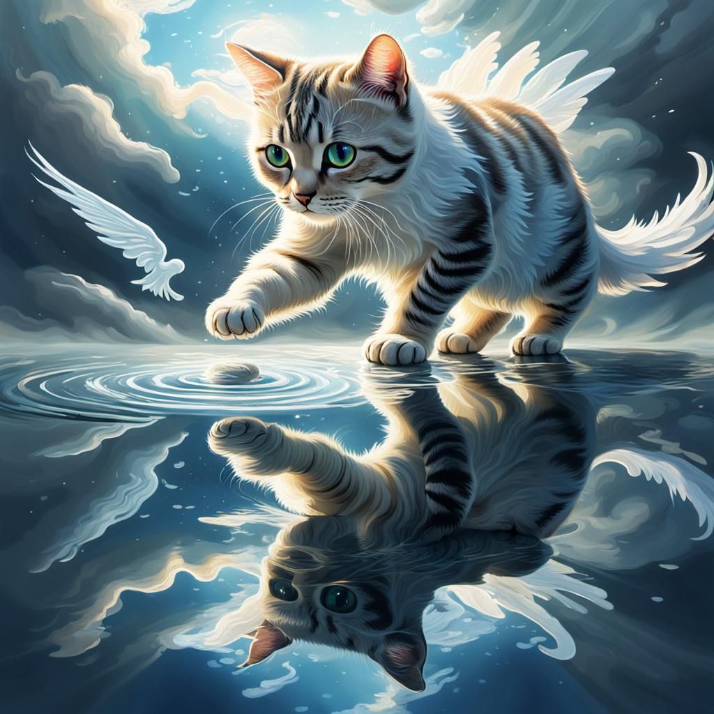 Surreal Cat with Angel Wings in Van Gogh Sky