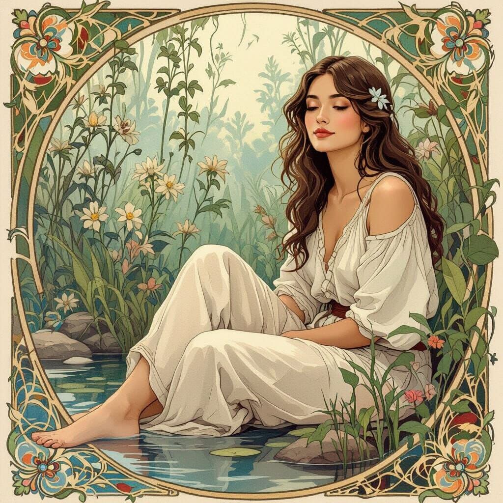 Serene Woman in Nature, Art Nouveau Style