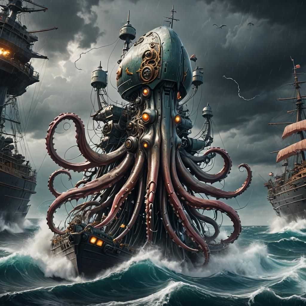 Battleship Squid Robot War Machine on Stormy Seas