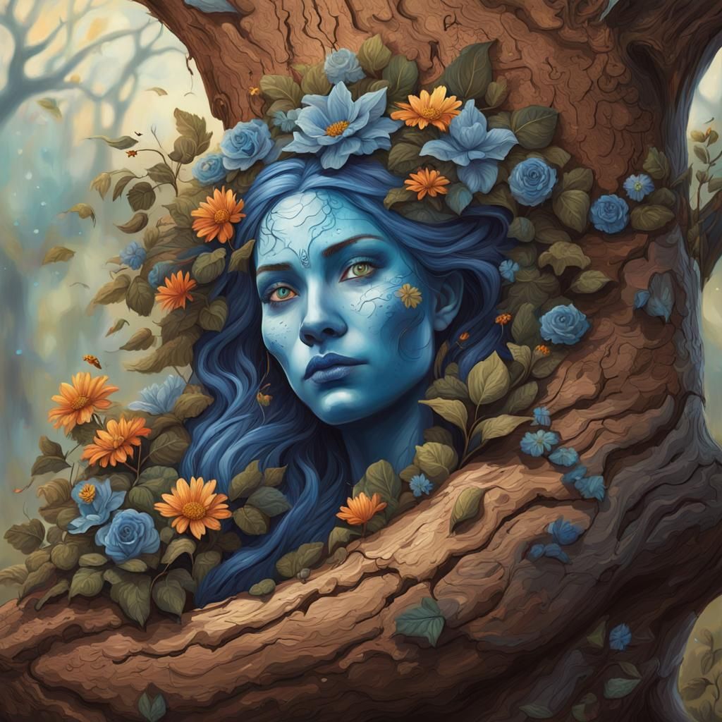 Whimsical Blue-Skinned Witch in a Colorful Forest