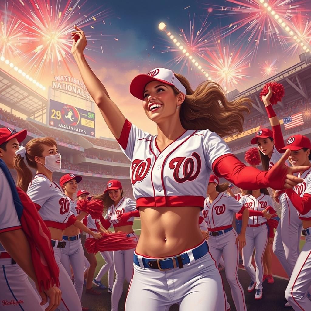 Washington Nationals cheerleaders entertaining baseball crowd in Nationals Park ballpark