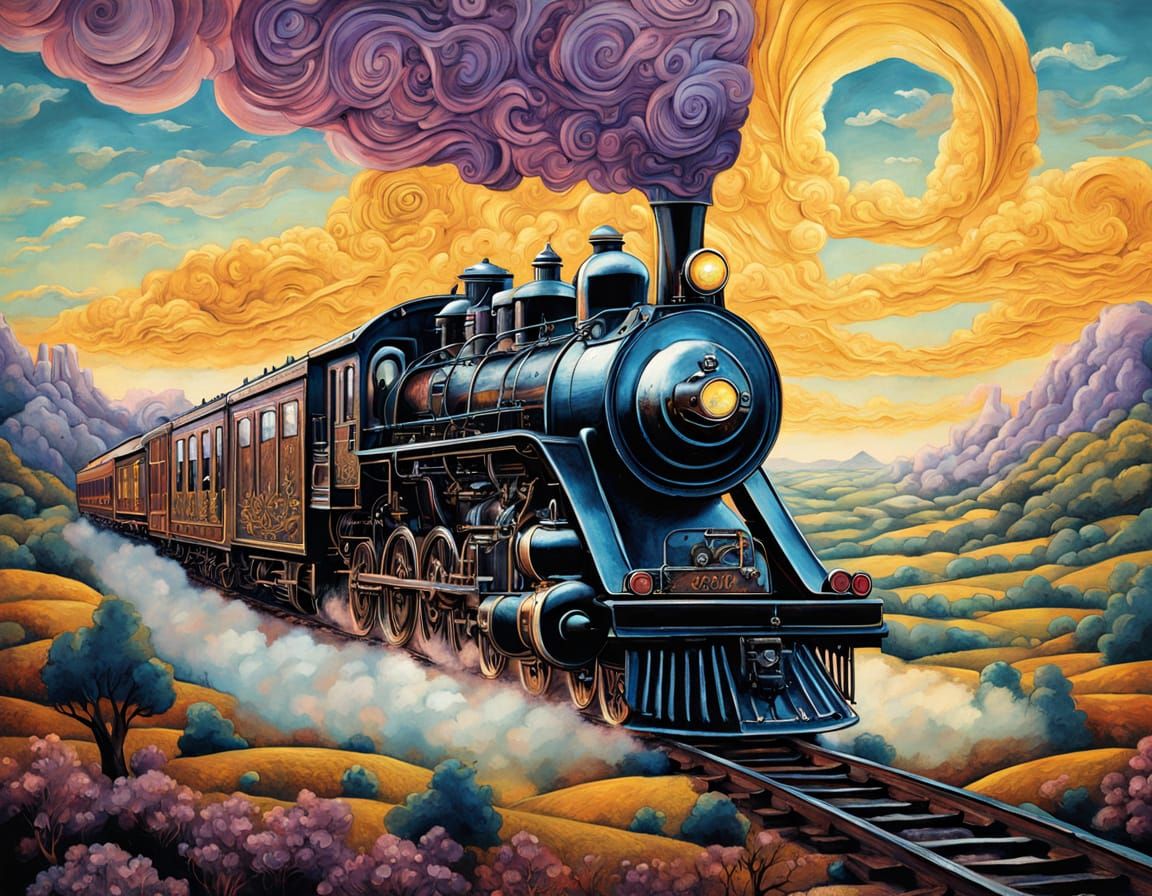 Art Deco Steam Train in Surreal Fairytale Landscape