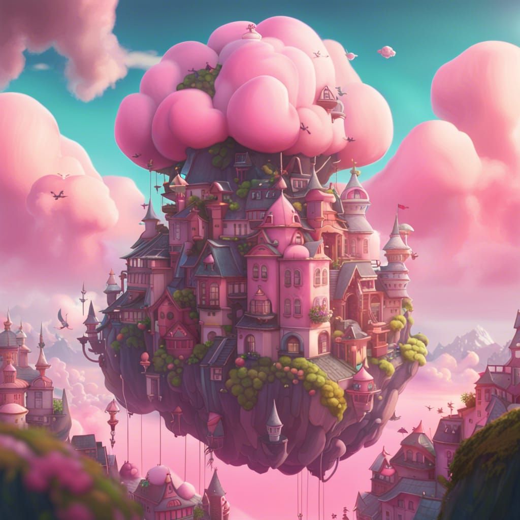 Dreamy Pink Cloud City in Ghibli Style