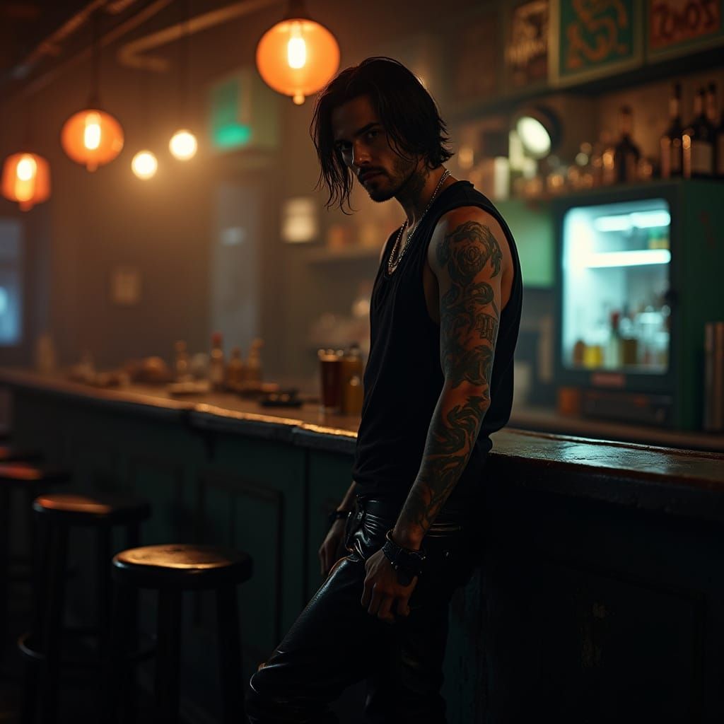 Hyperrealistic Photo of Man in Leather Pants at Bar