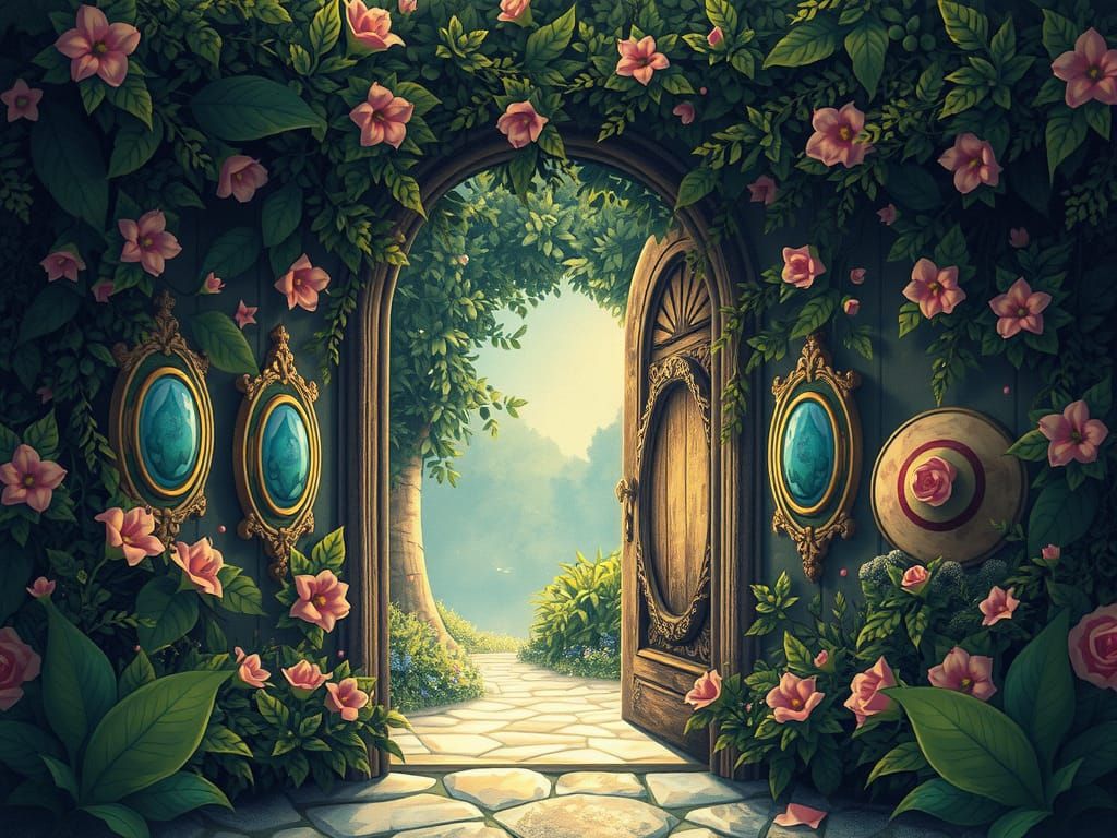 Whimsical Doorway to Enchanted Realms in Studio Ghibli Style