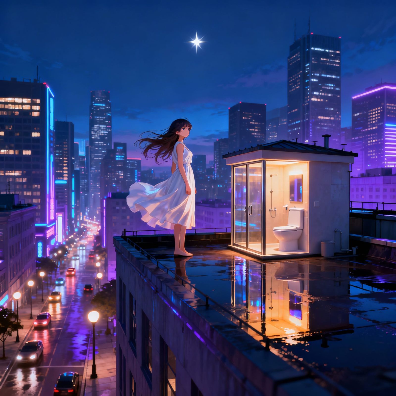 Woman in White Dress on City Rooftop Under Neon Lights