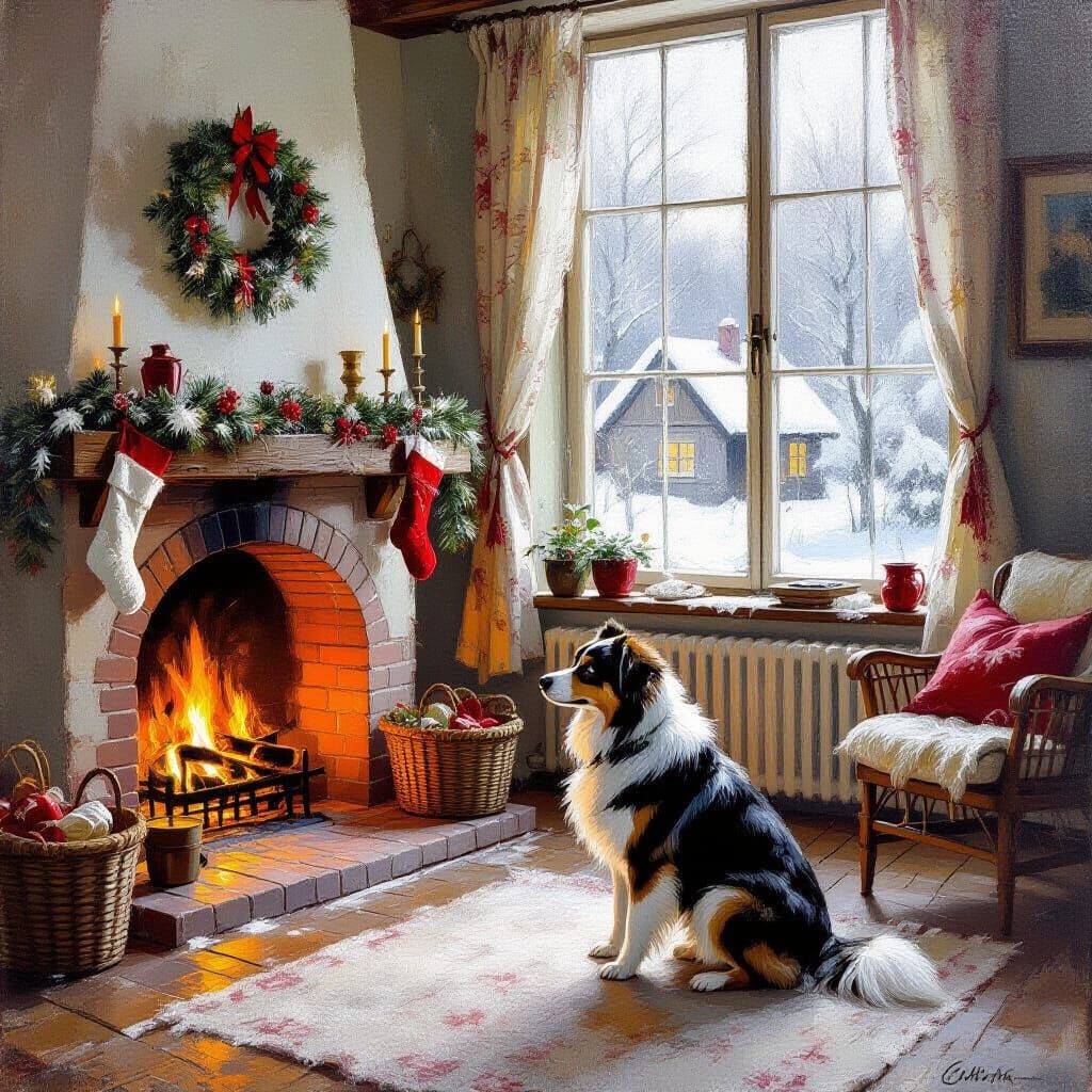 Impressionist Christmas Scene with Dog by Fireplace