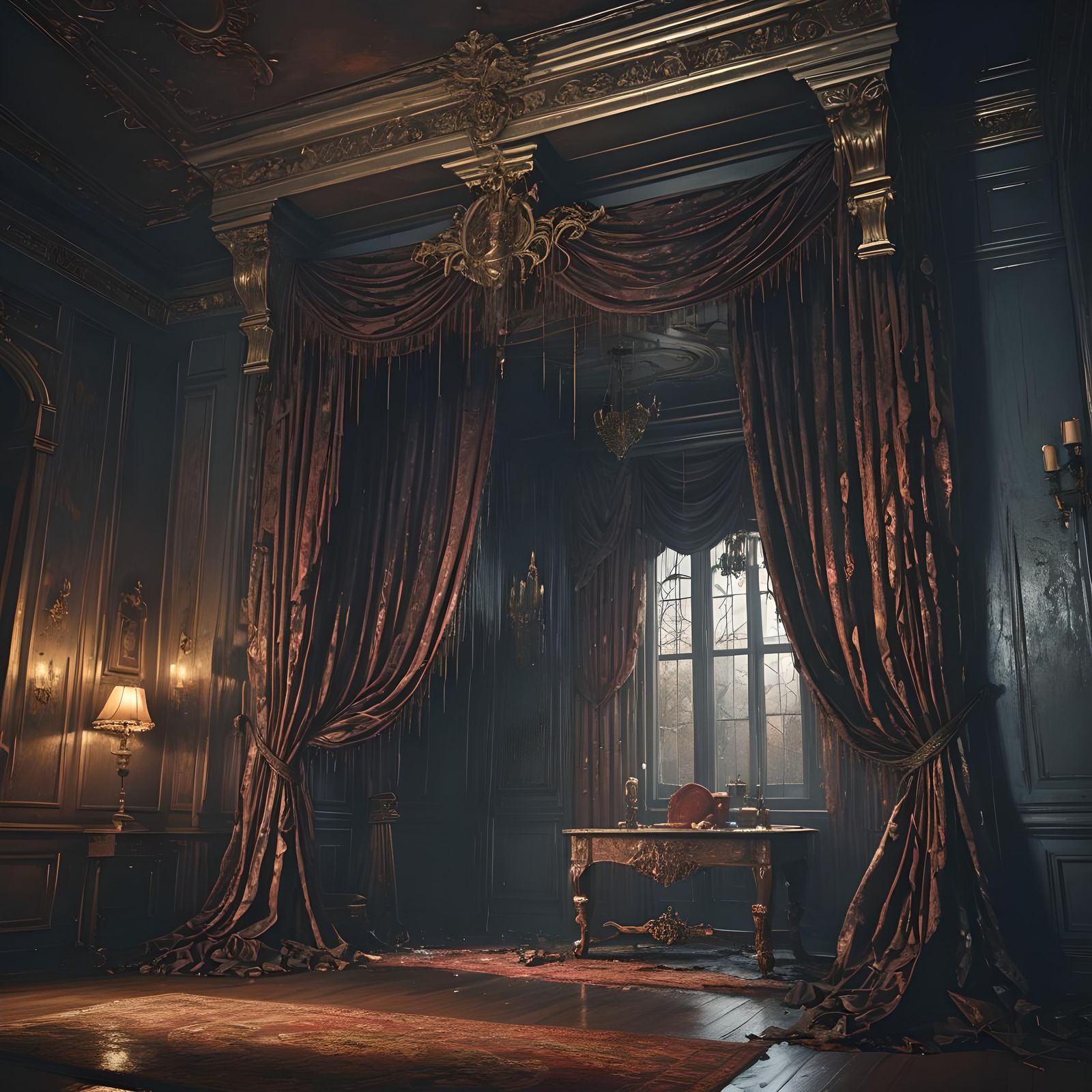 Haunted Mansion Painting with Light Behind Curtains