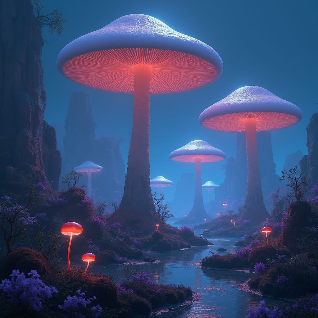 Ethereal Alien Planet with Towering Bioluminescent Mushrooms