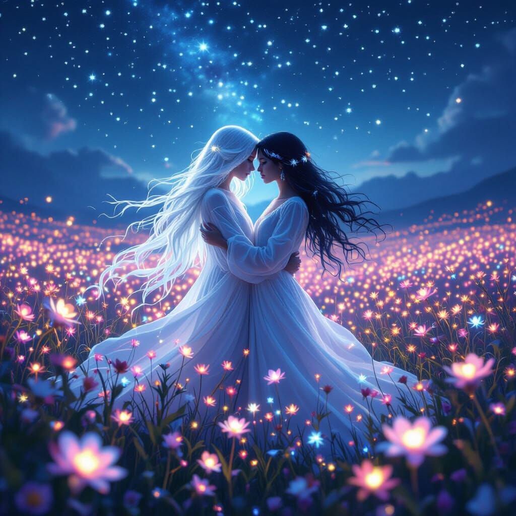 Ethereal Spirits Embrace in Bioluminescent Flower Field Unde...