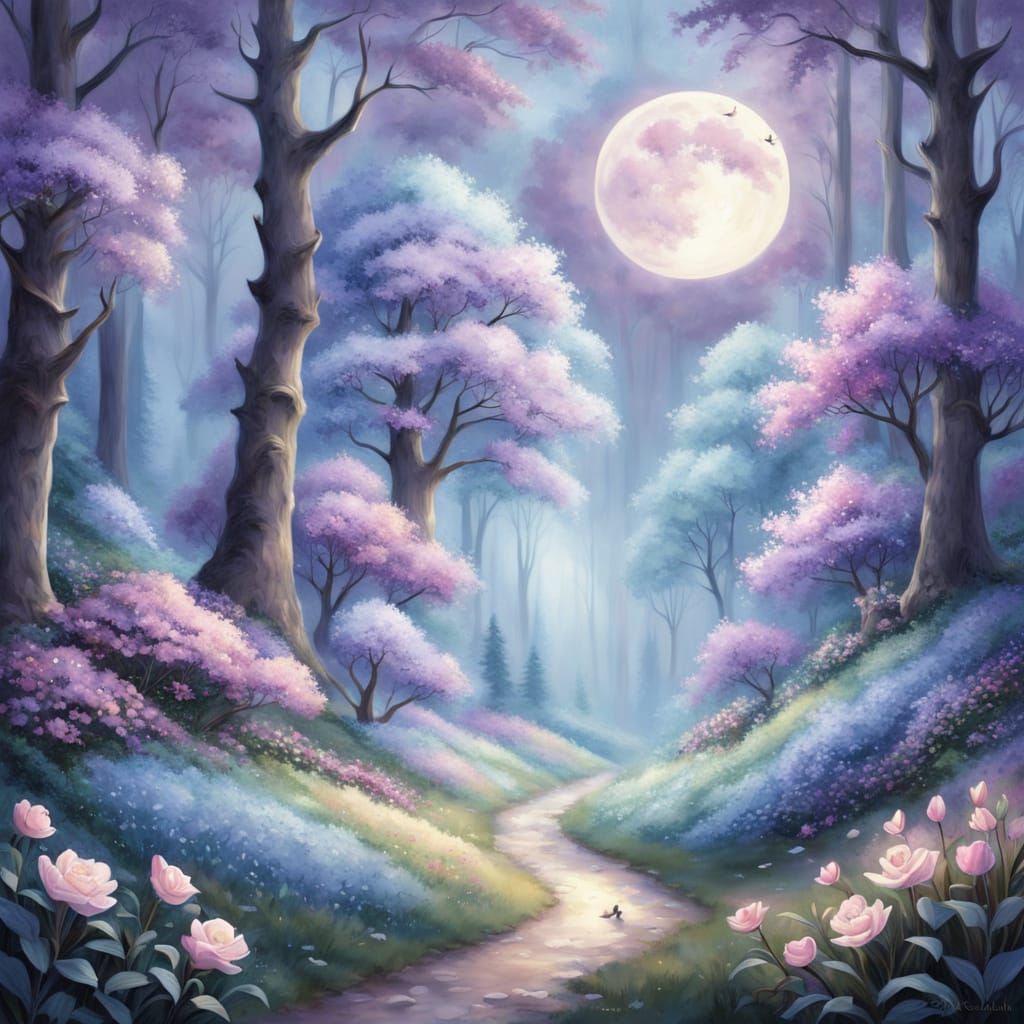 Whimsical Moonlit Forest in Watercolor