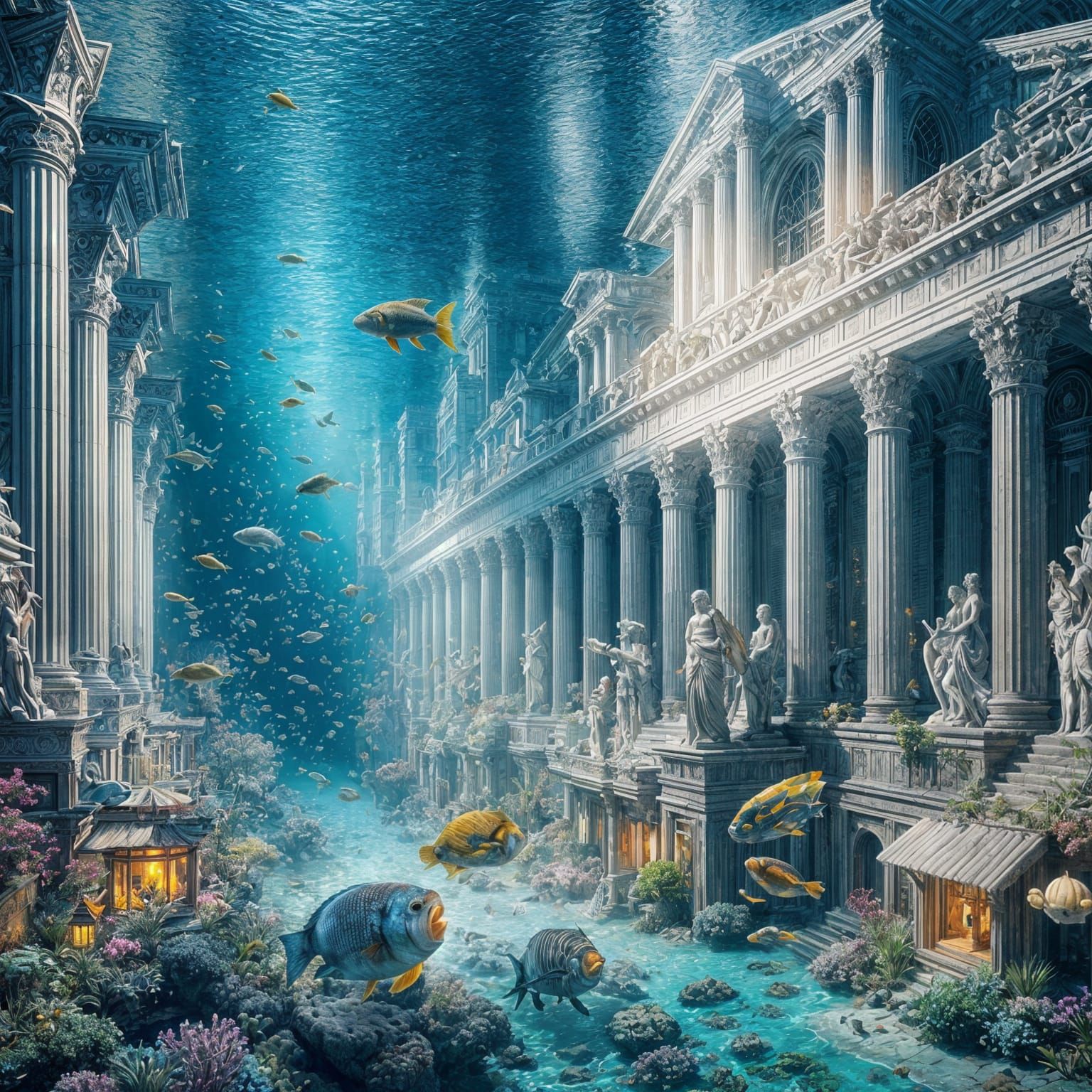 Submerged Greek City in an 8K Underwater Metropolis