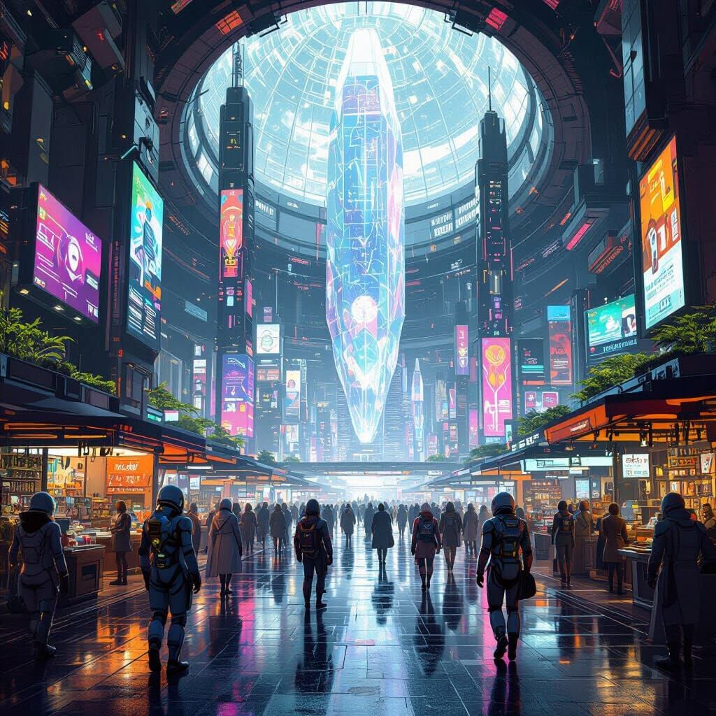 Bustling Martian City Dome Marketplace in Retro-Futurism Sty...