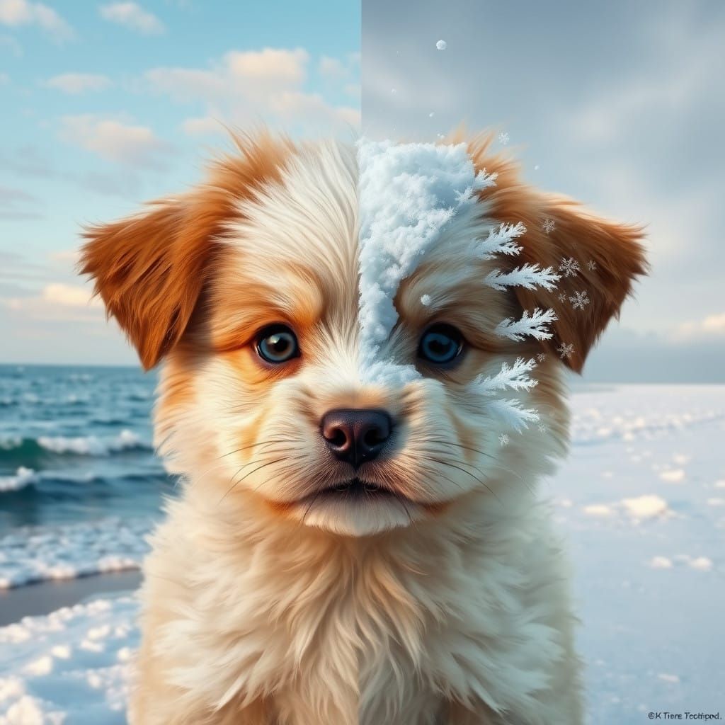Split-Faced Puppy in Surreal Ocean and Blizzard Landscape