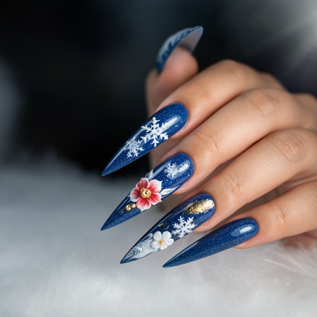 Snow-Inspired Stiletto Nails with 3D Floral Design