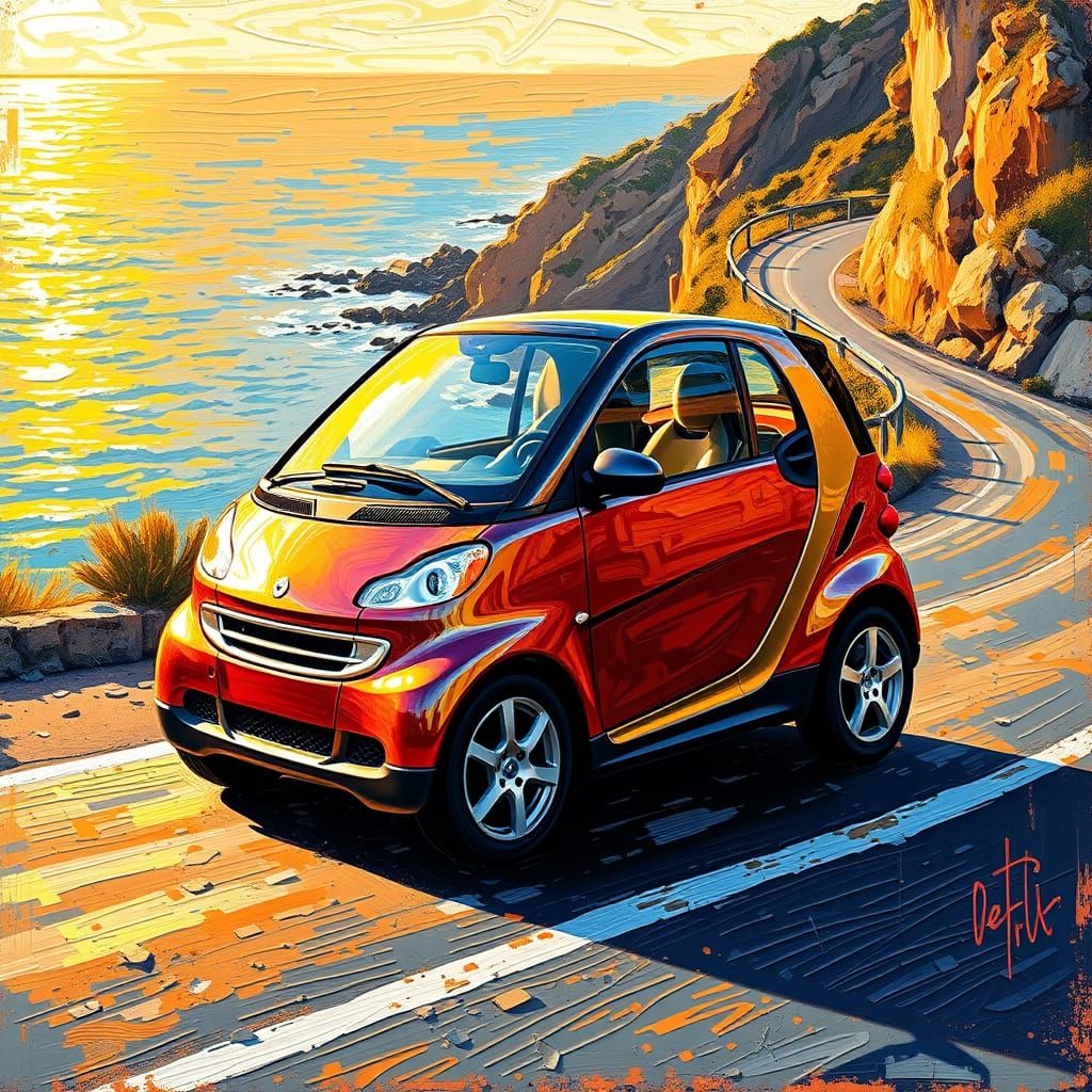 Vibrant Coastal Road Scene in Neo-Impressionist Style