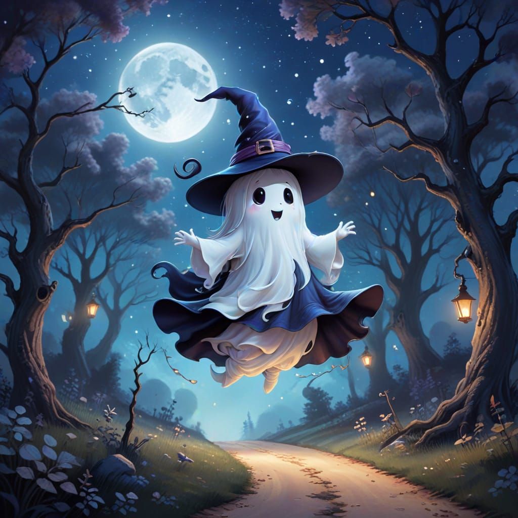 Whimsical Chibi Ghost in Witch Hat on Moonlit Path