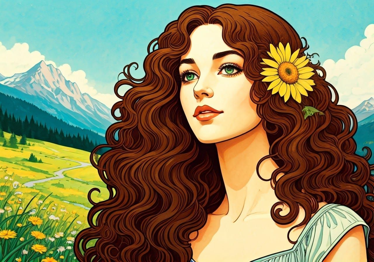Woman in Mountain Meadow: Mucha-Style Cel-Shaded Ink