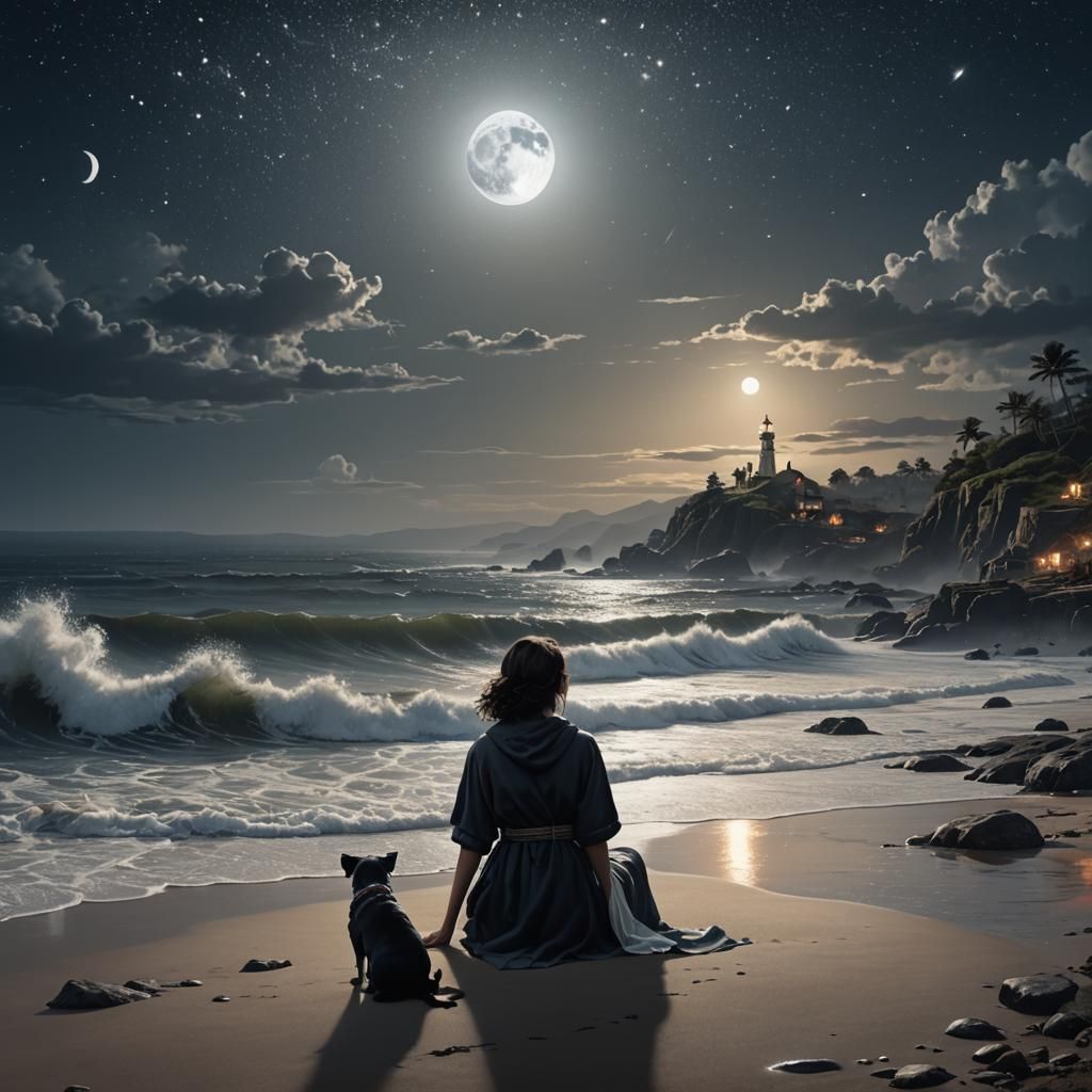 Woman and Dog Watch Moonrise: Fantasy Concept Art
