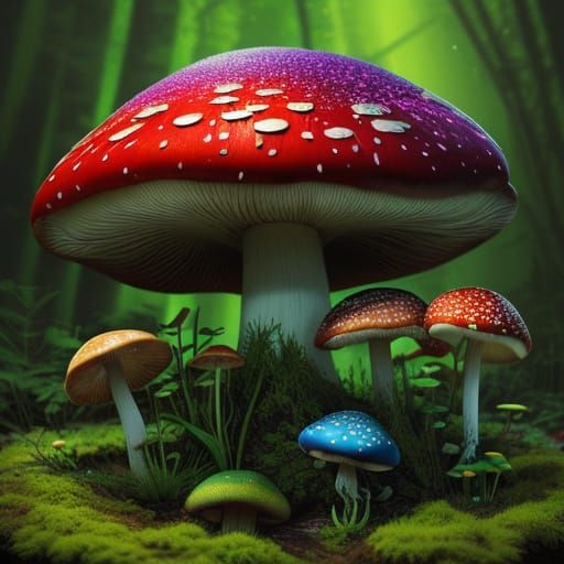 Vibrant Forest Mushrooms in Hyperrealistic Concept Art
