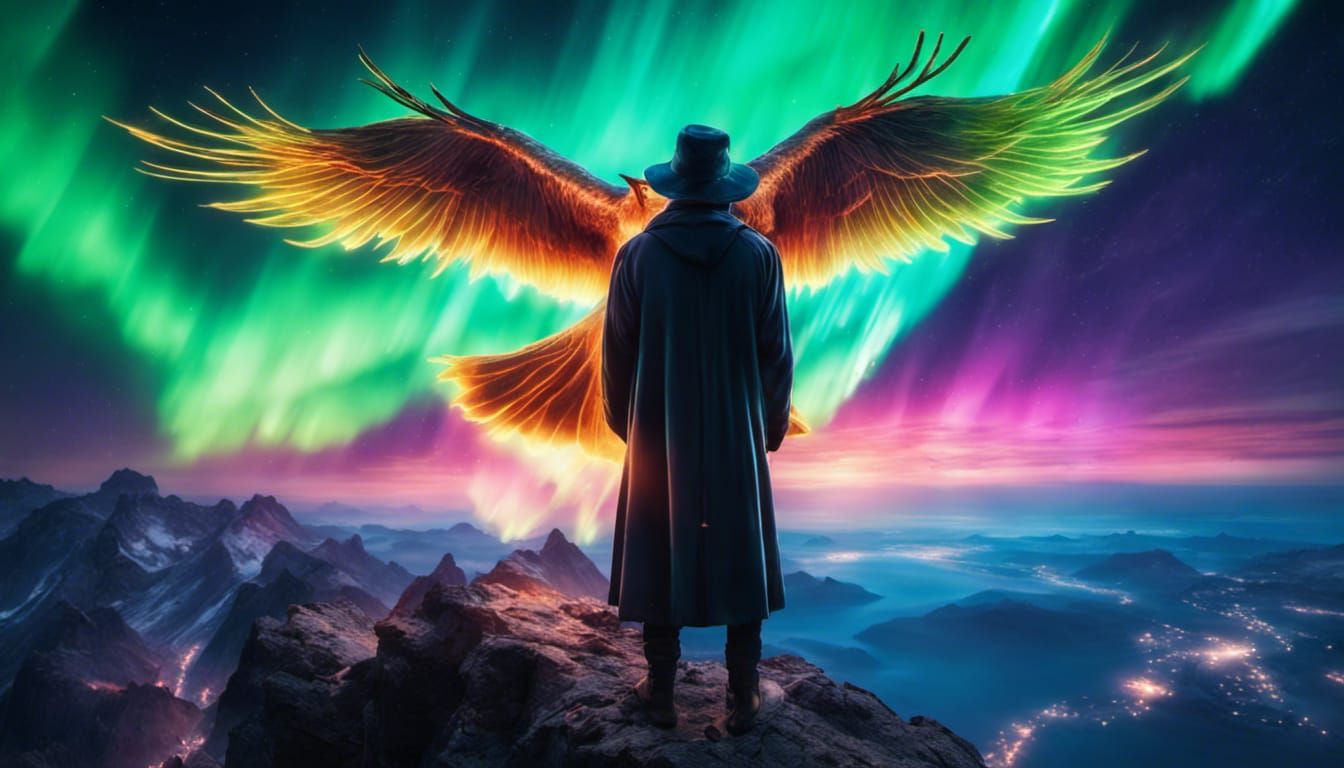 Wizard and Phoenix Under Aurora Borealis