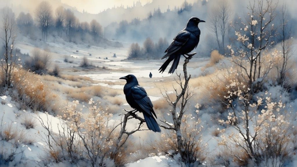 Ravens and Snowy Plants in Watercolor Landscape