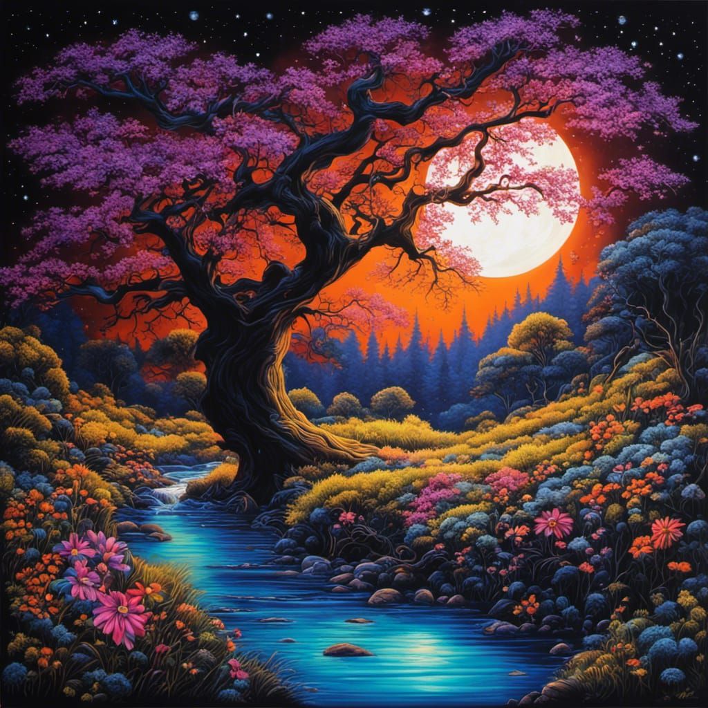 Blacklight Oak Tree Painting with Moon and Fireflies