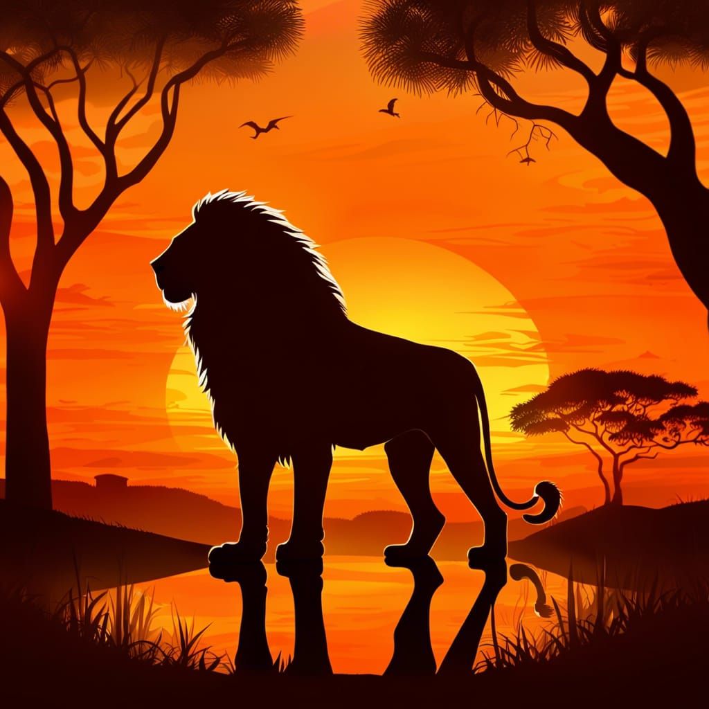 Lion Silhouette with Pride at Sunset: Fantasy Art