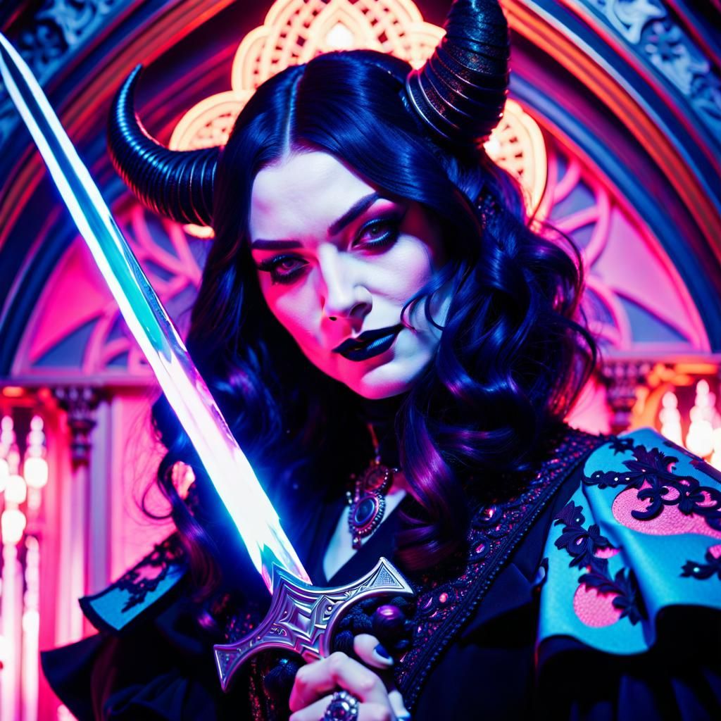 Gothic Demon Girl Wields Magic in Risograph Polaroid