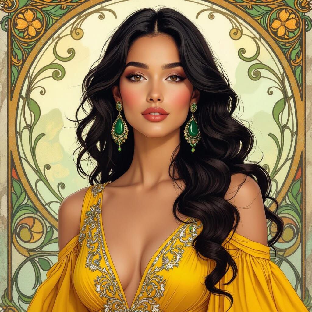 Woman in Yellow Dress: Art Nouveau Portrait